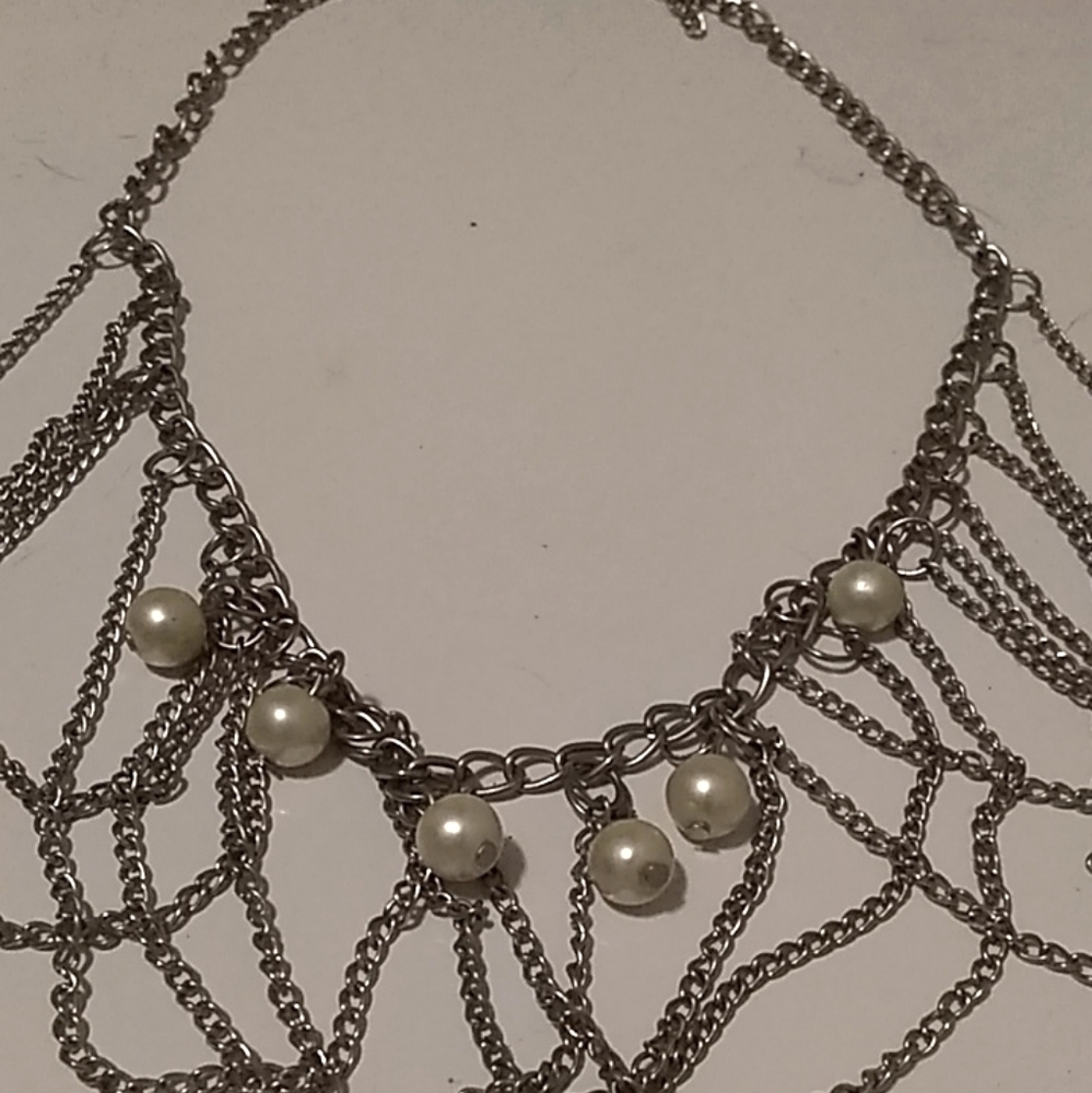 Silver Toned Multi Chain Necklace with Faux Pearls